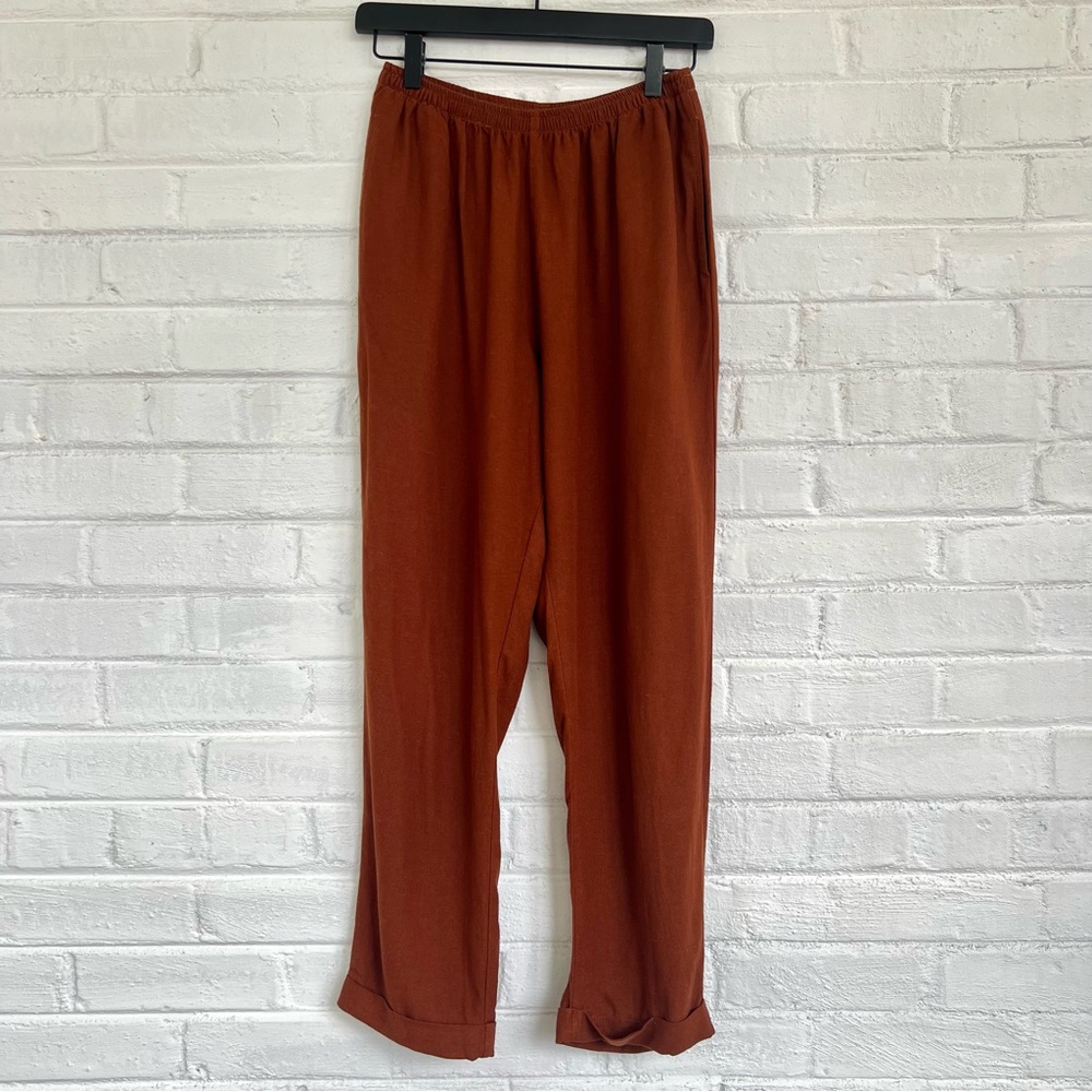 Me & Arrow cuffed pants in a sumac color and linen blend